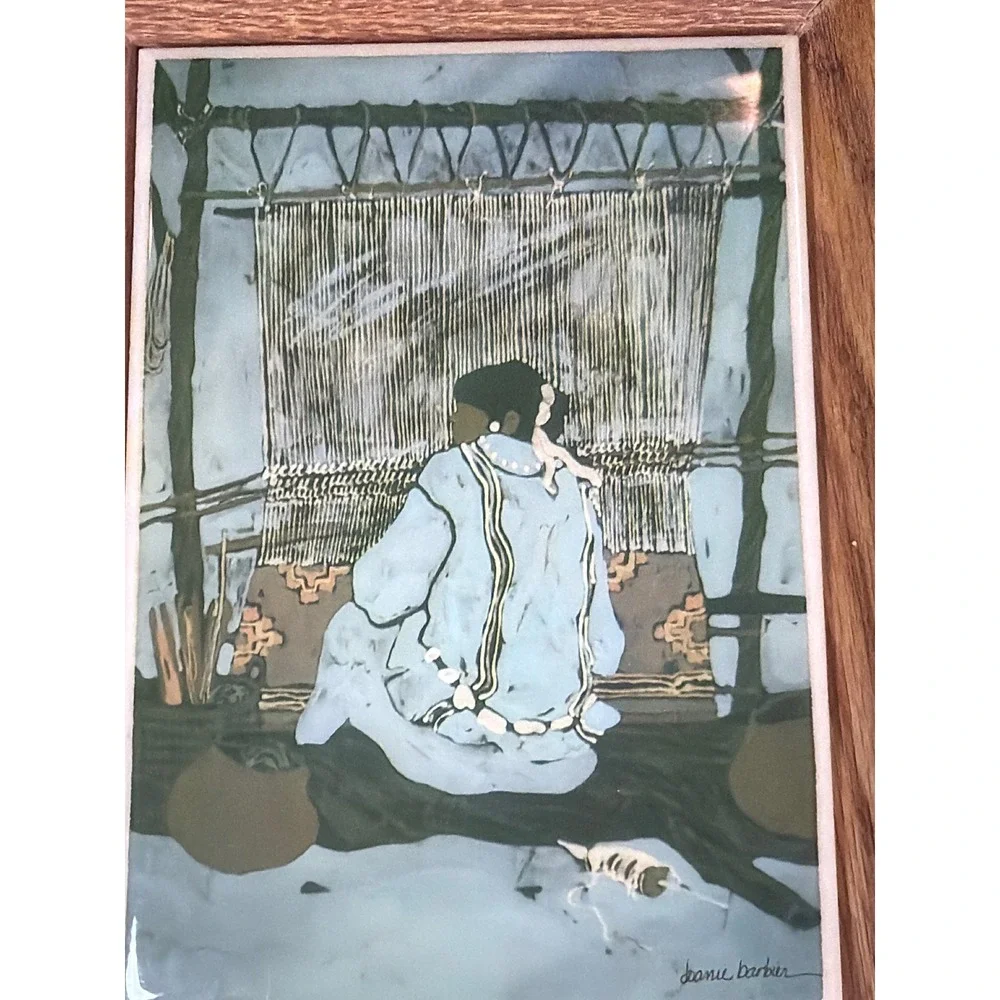 Jeanie Barber Native American Woman Weaving Art Tile Framed Kimberly Enterprises